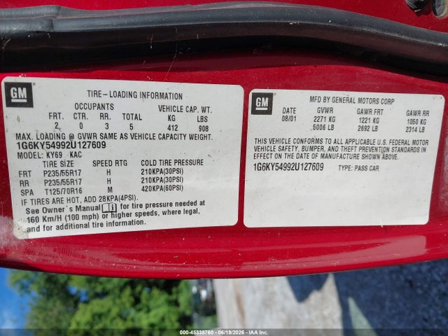 Продажа на аукционе авто 2002 Cadillac Seville Sts, vin: 1G6KY54992U127609, номер лота: 45338760