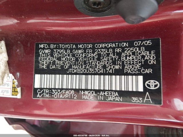2005 Toyota Prius მანქანა იყიდება აუქციონზე, vin: JTDKB20U357041741, აუქციონის ნომერი: 45338766