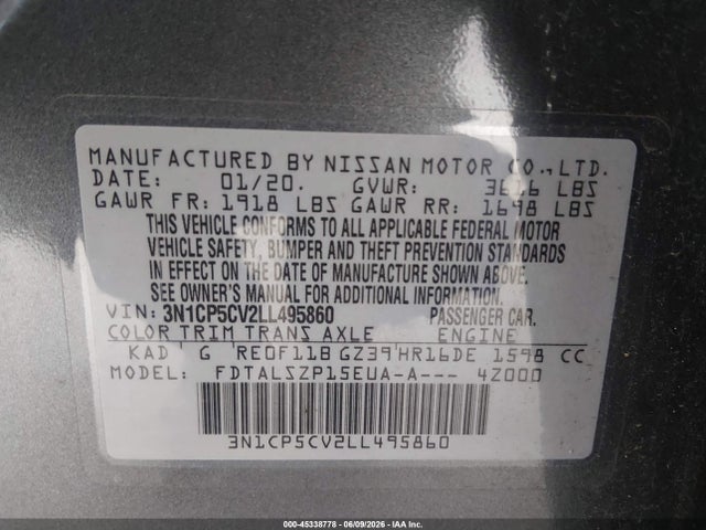 3N1CP5CV2LL495860 Nissan Kicks Sv Xtronic Cvt