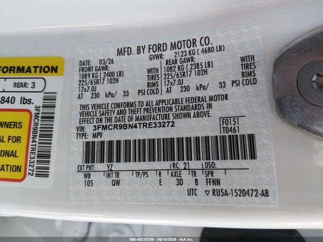 45338789 :رقم المزاد ، 3FMCR9BN4TRE33272 vin ، 2026 Ford Bronco Sport Big Bend مزاد بيع