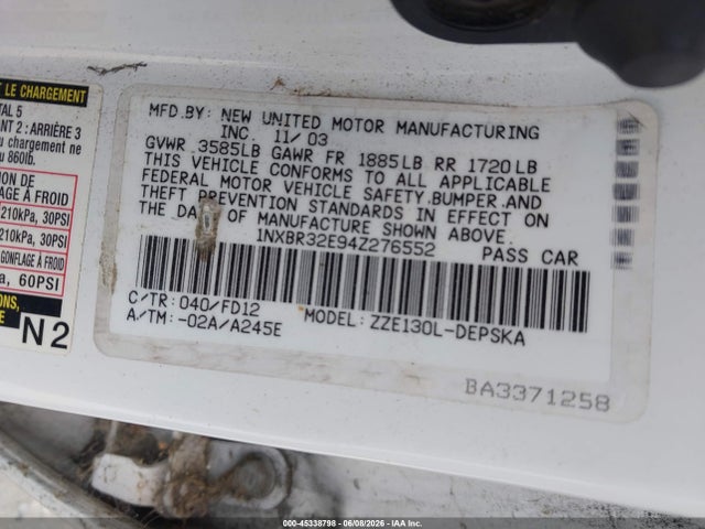 Aukcja sprzedaży 2004 Toyota Corolla S, vin: 1NXBR32E94Z276552, numer aukcji: 45338798