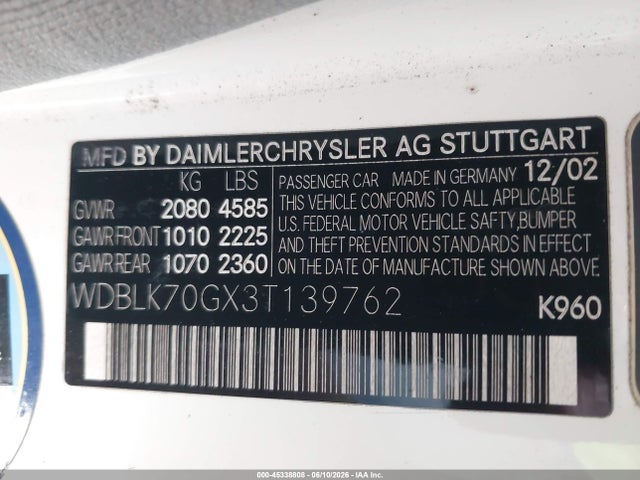 Aukcja sprzedaży 2003 Mercedes-benz Clk 430, vin: WDBLK70GX3T139762, numer aukcji: 45338808