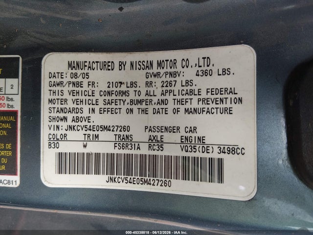 Продаж на аукціоні авто 2005 Infiniti G35, vin: JNKCV54E05M427260, номер лоту: 45338818