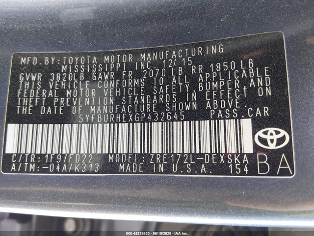 Toyota Corolla S Plus 2016 5YFBURHEXGP432645 Image 9