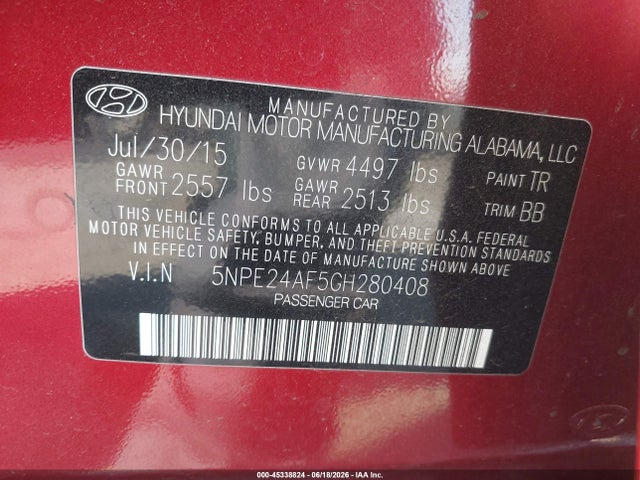 45338824 :رقم المزاد ، 5NPE24AF5GH280408 vin ، 2016 Hyundai Sonata Se مزاد بيع