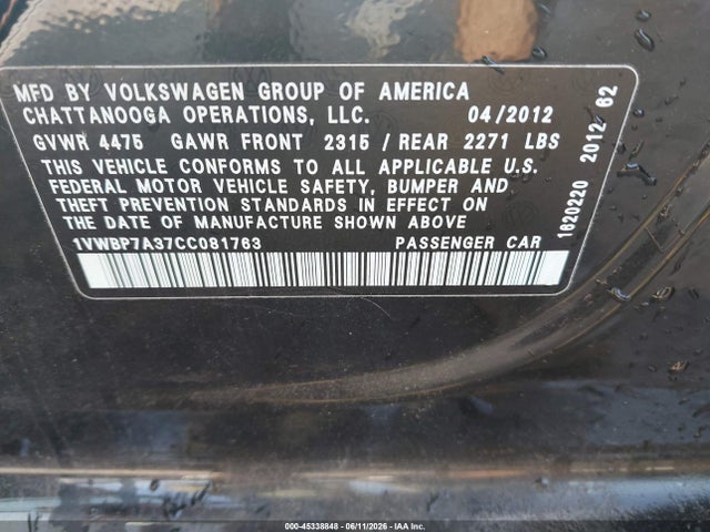Продажа на аукционе авто 2012 Volkswagen Passat 2.5l Se, vin: 1VWBP7A37CC081763, номер лота: 45338848