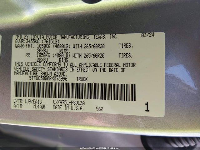 45338875 :رقم المزاد ، 5TFWC5DB0RX073996 vin ، 2024 Toyota Tundra Hybrid Limited 4wd مزاد بيع