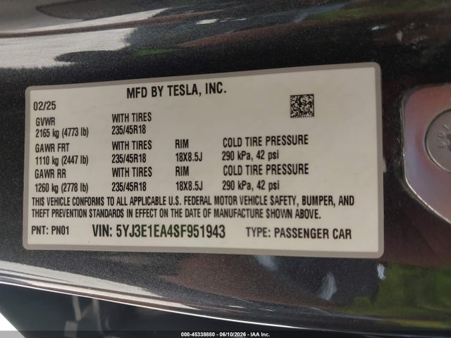 Aukcja sprzedaży 2025 Tesla Model 3 Long Range Rear-wheel Drive/standard Rear-wheel Drive, vin: 5YJ3E1EA4SF951943, numer aukcji: 45338880