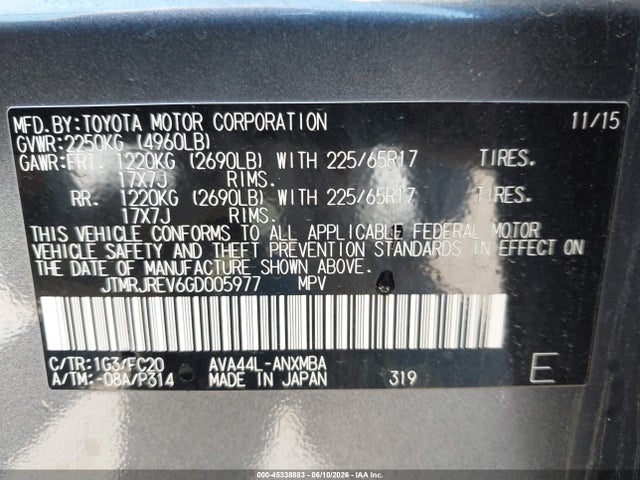 JTMRJREV6GD005977 Toyota Rav4 Hybrid Xle
