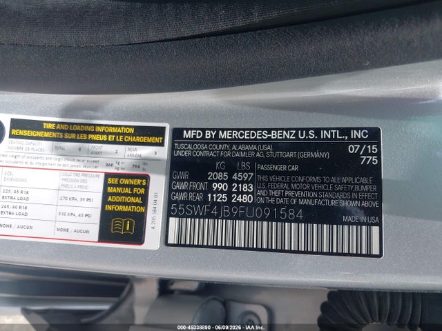 45338890 :رقم المزاد ، 55SWF4JB9FU091584 vin ، 2015 Mercedes-benz C 300 Sport مزاد بيع