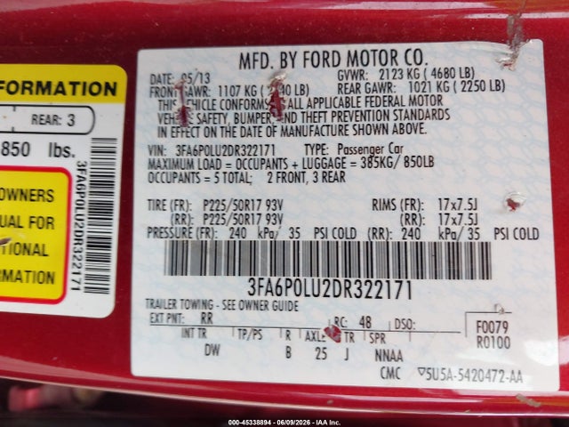 Продаж на аукціоні авто 2013 Ford Fusion Hybrid Se, vin: 3FA6P0LU2DR322171, номер лоту: 45338894