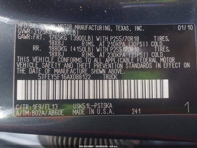 Aukcja sprzedaży 2010 Toyota Tundra Grade 5.7l V8, vin: 5TFEY5F16AX088122, numer aukcji: 45338897