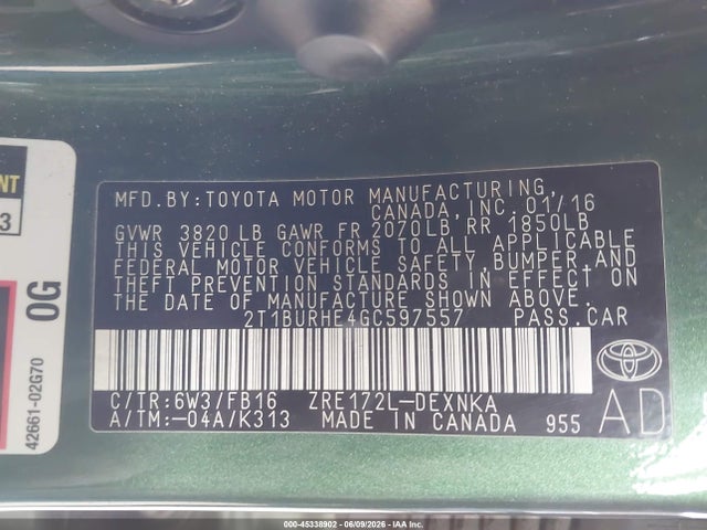 Toyota COROLLA LE 2016 2T1BURHE4GC597557 Image 9