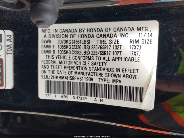 45338922 :رقم المزاد ، 2HKRM4H58FH611909 vin ، 2015 Honda Cr-v Ex مزاد بيع