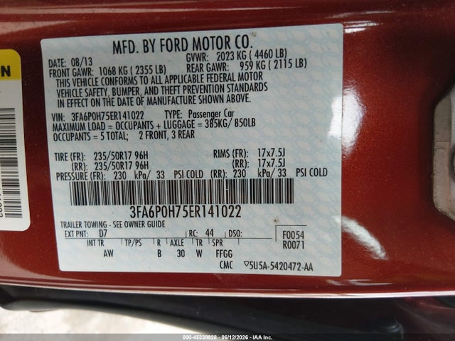 Aukcja sprzedaży 2014 Ford Fusion Se, vin: 3FA6P0H75ER141022, numer aukcji: 45338928