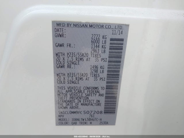 2015 Infiniti Qx60 Hybrid მანქანა იყიდება აუქციონზე, vin: 5N1CL0MM9FC507208, აუქციონის ნომერი: 45338940