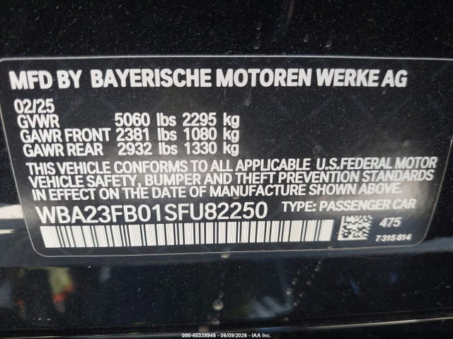 Aukcja sprzedaży 2025 Bmw 430i Gran Coupe, vin: WBA23FB01SFU82250, numer aukcji: 45338946