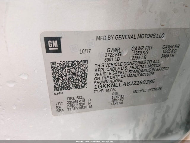 2018 Gmc Acadia Sle-2 მანქანა იყიდება აუქციონზე, vin: 1GKKNLLA8JZ160385, აუქციონის ნომერი: 45338963