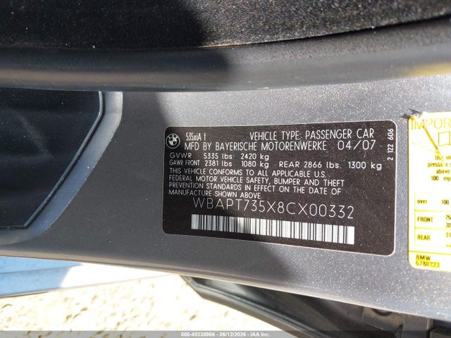 45338966 :رقم المزاد ، WBAPT735X8CX00332 vin ، 2008 Bmw 535xi مزاد بيع