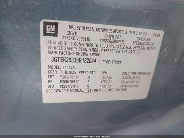 Aukcja sprzedaży 2009 Gmc Sierra 1500 Sle, vin: 3GTEK23339G182044, numer aukcji: 45338969