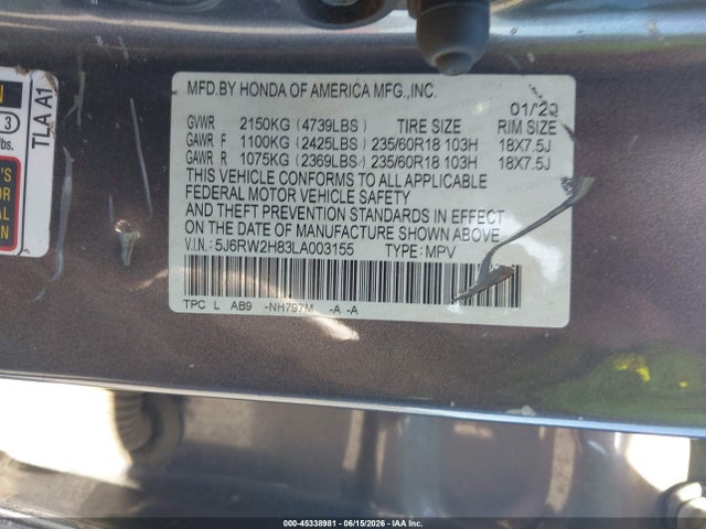 Aukcja sprzedaży 2020 Honda Cr-v Awd Ex-l, vin: 5J6RW2H83LA003155, numer aukcji: 45338981