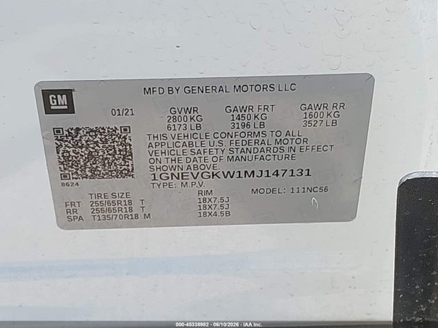 1GNEVGKW1MJ147131 Chevrolet Traverse Awd Lt Cloth