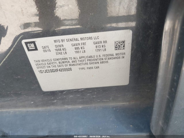 2015 Chevrolet Sonic Lt Auto მანქანა იყიდება აუქციონზე, vin: 1G1JC5SG8F4200928, აუქციონის ნომერი: 45338987