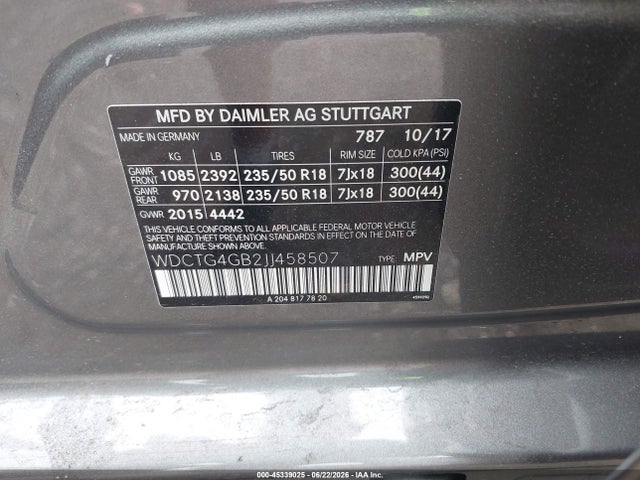 45339025 :رقم المزاد ، WDCTG4GB2JJ458507 vin ، 2018 Mercedes-benz Gla 250 4matic مزاد بيع