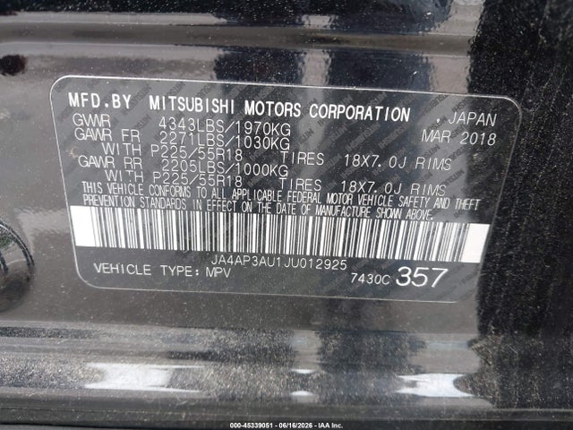 2018 Mitsubishi Outlander Sport 2.0 Es მანქანა იყიდება აუქციონზე, vin: JA4AP3AU1JU012925, აუქციონის ნომერი: 45339051