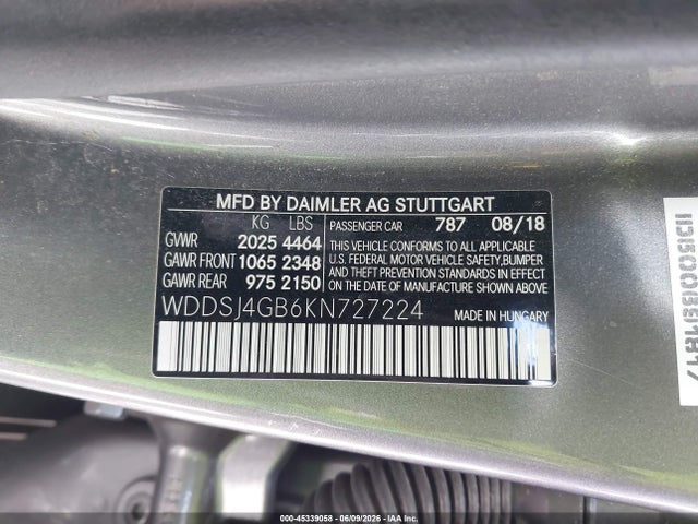 WDDSJ4GB6KN727224 Mercedes-Benz CLA 250 4MATIC