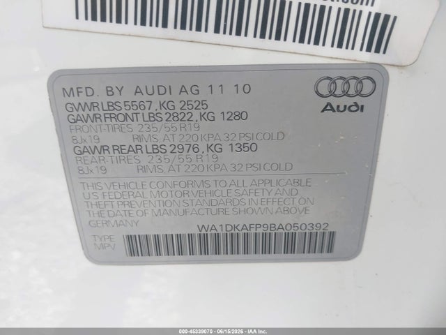 Aukcja sprzedaży 2011 Audi Q5 3.2 Premium Plus, vin: WA1DKAFP9BA050392, numer aukcji: 45339070