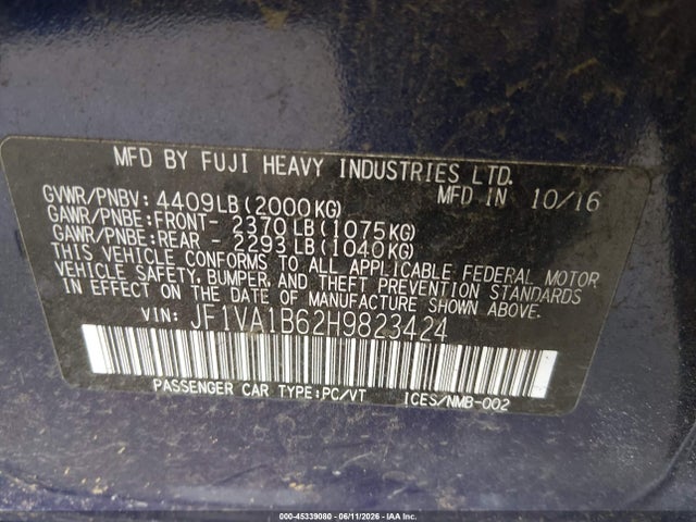Продаж на аукціоні авто 2017 Subaru Wrx, vin: JF1VA1B62H9823424, номер лоту: 45339080