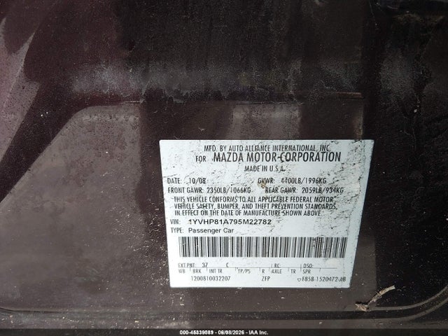 2009 Mazda Mazda6 I Sport მანქანა იყიდება აუქციონზე, vin: 1YVHP81A795M22782, აუქციონის ნომერი: 45339089