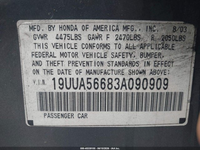 2003 Acura Tl 3.2 მანქანა იყიდება აუქციონზე, vin: 19UUA56683A090909, აუქციონის ნომერი: 45339105