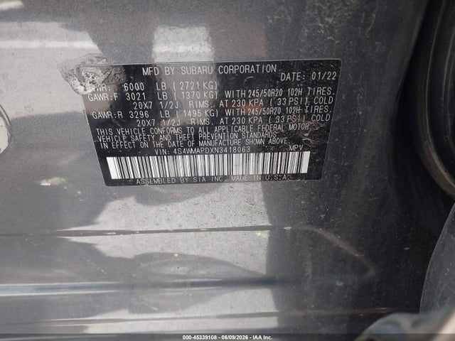 Продаж на аукціоні авто 2022 Subaru Ascent Limited, vin: 4S4WMAPDXN3418063, номер лоту: 45339108
