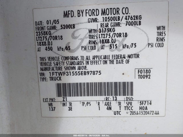 Продажа на аукционе авто 2005 Ford F-350 Xl/xlt, vin: 1FTWF31555EB97875, номер лота: 45339114