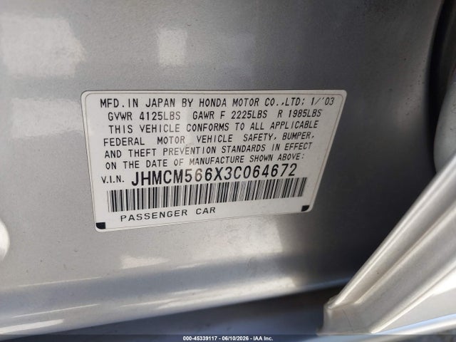 2003 Honda Accord 2.4 Ex მანქანა იყიდება აუქციონზე, vin: JHMCM566X3C064672, აუქციონის ნომერი: 45339117