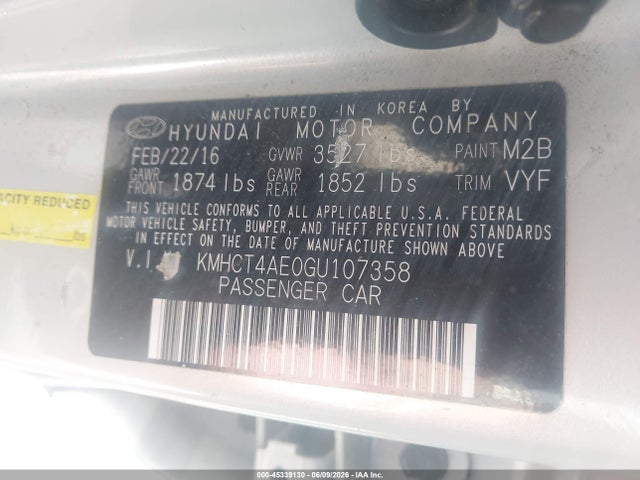 2016 Hyundai Accent Se მანქანა იყიდება აუქციონზე, vin: KMHCT4AE0GU107358, აუქციონის ნომერი: 45339130
