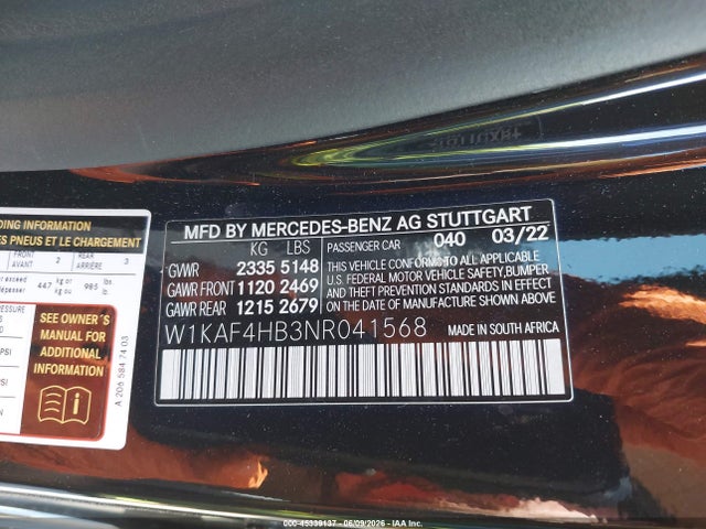 45339137 :رقم المزاد ، W1KAF4HB3NR041568 vin ، 2022 Mercedes-benz C 300 4matic مزاد بيع