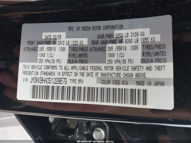 Продаж на аукціоні авто 2025 Mazda Cx-90 Phev Preferred Package, vin: JM3KKBHA0S1229679, номер лоту: 45339149