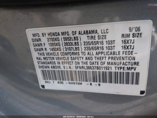 Aukcja sprzedaży 2007 Honda Odyssey Ex-l, vin: 5FNRL38637B011921, numer aukcji: 45339152