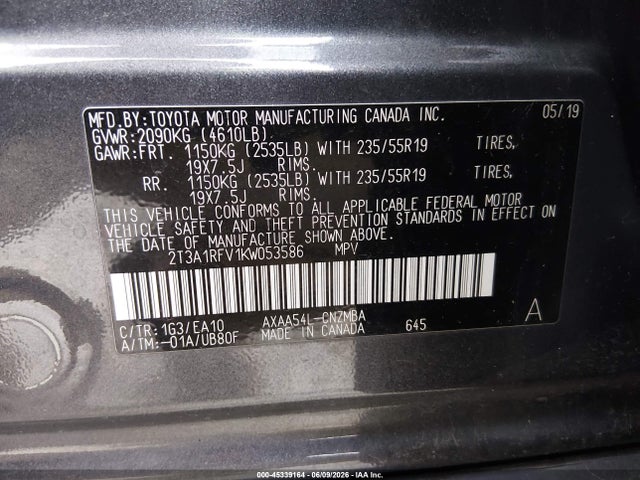 45339164 :رقم المزاد ، 2T3A1RFV1KW053586 vin ، 2019 Toyota Rav4 Xle Premium مزاد بيع