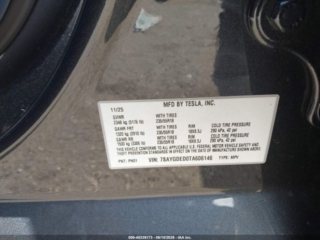 2026 Tesla Model Y მანქანა იყიდება აუქციონზე, vin: 7SAYGDED0TA606146, აუქციონის ნომერი: 45339173