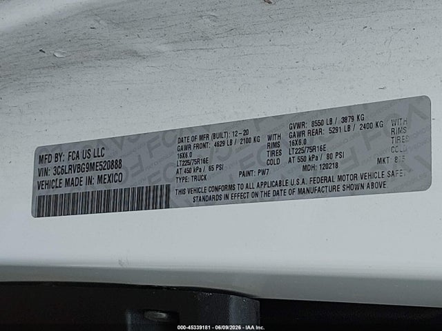 Auction sale of the 2021 Ram Promaster 1500 High Roof 136 Wb, vin: 3C6LRVBG9ME520888, lot number: 45339181