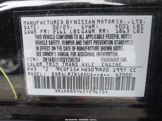 2025 Nissan Sentra Sr მანქანა იყიდება აუქციონზე, vin: 3N1AB8DV6SY296754, აუქციონის ნომერი: 45339190