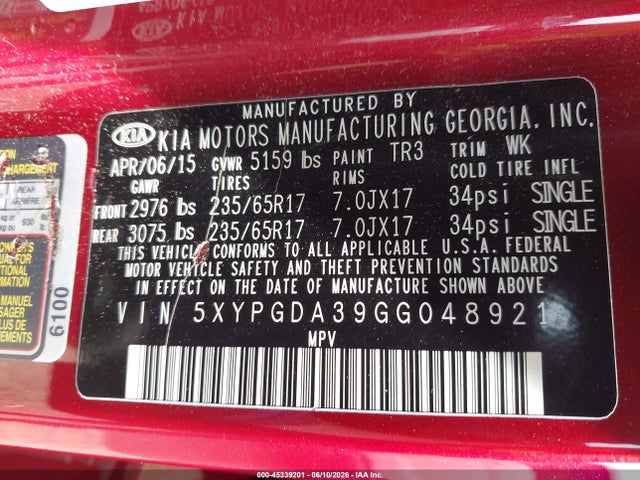 KIA Sorento 2.4l Lx 2016 5XYPGDA39GG048921 Image 9