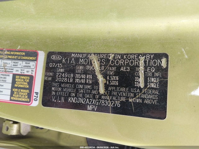 2016 Kia Soul მანქანა იყიდება აუქციონზე, vin: KNDJN2A2XG7830276, აუქციონის ნომერი: 45339234