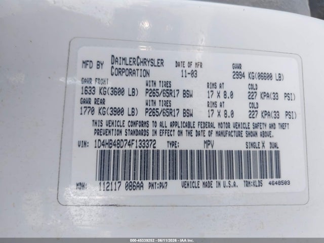 Aukcja sprzedaży 2004 Dodge Durango Slt, vin: 1D4HB48D74F133372, numer aukcji: 45339252