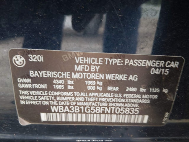 Aukcja sprzedaży 2015 Bmw 320i, vin: WBA3B1G58FNT05835, numer aukcji: 45339264