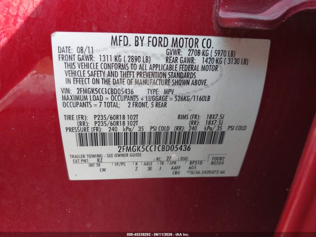 Продажа на аукционе авто 2012 Ford Flex Sel, vin: 2FMGK5CC1CBD05436, номер лота: 45339292